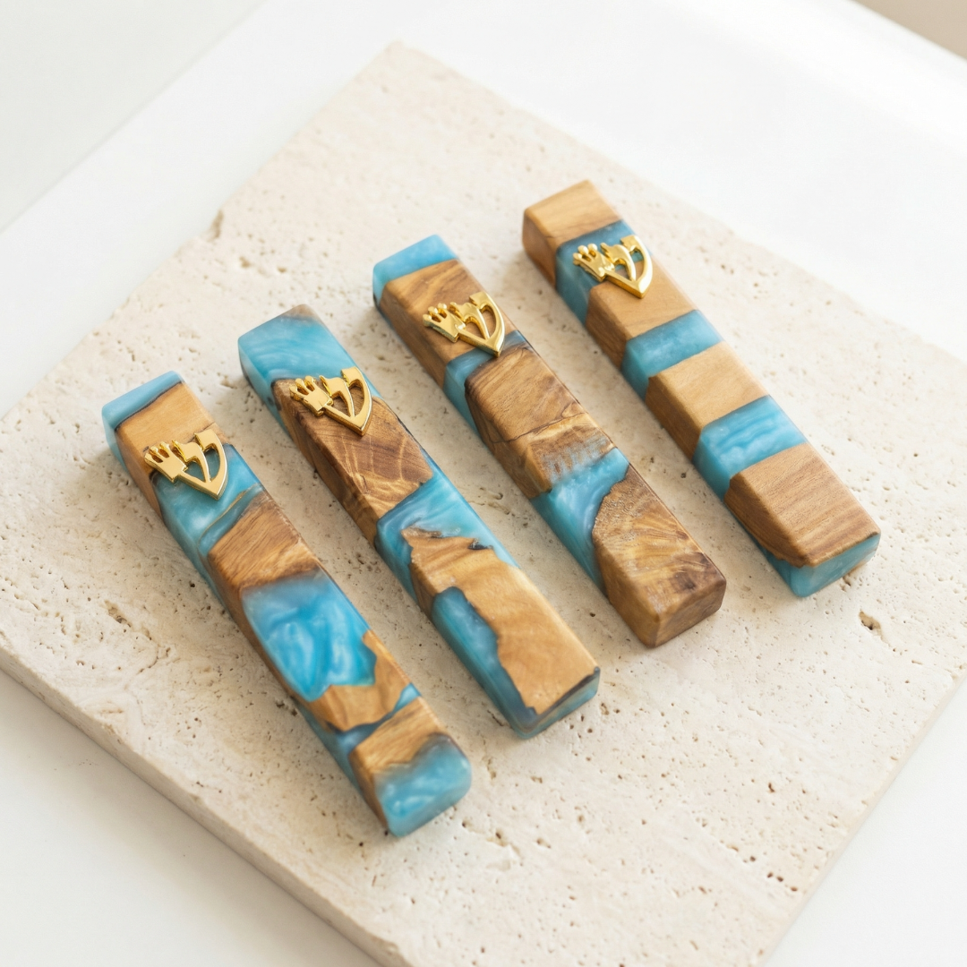 Handmade Modern Olive Wood & Resin Mezuzah Case - 5.5" - Multiple Colors