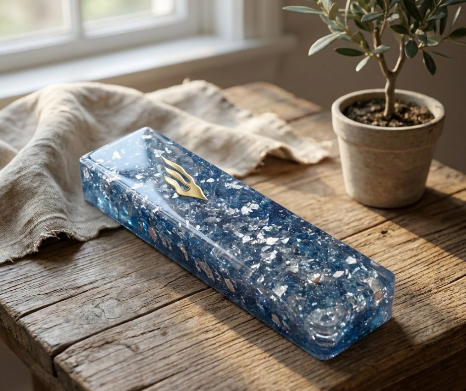 Ocean Blue Resin Mezuzah Case with Mother of Pearl – 6” Handmade Judaica