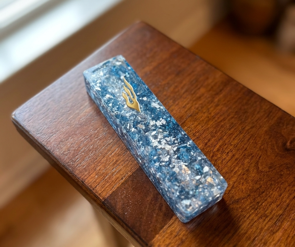 Ocean Blue Resin Mezuzah Case with Mother of Pearl – 6” Handmade Judaica