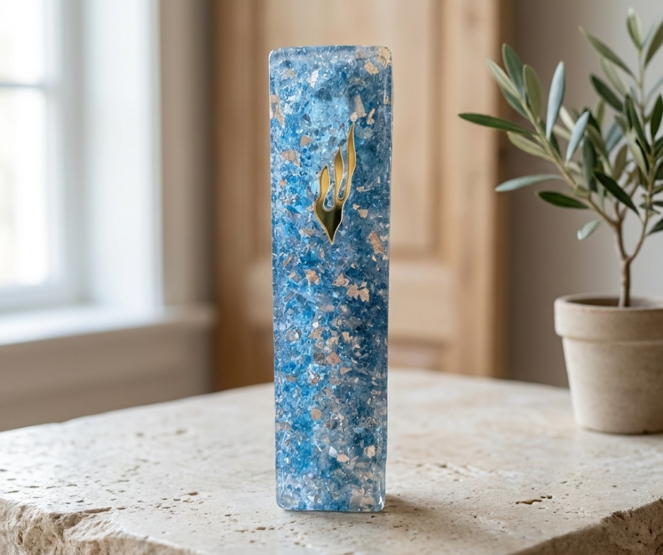 Ocean Blue Resin Mezuzah Case with Mother of Pearl – 6” Handmade Judaica