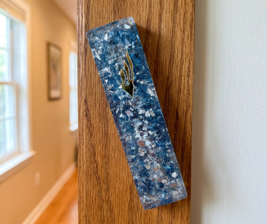 Ocean Blue Resin Mezuzah Case with Mother of Pearl – 6” Handmade Judaica
