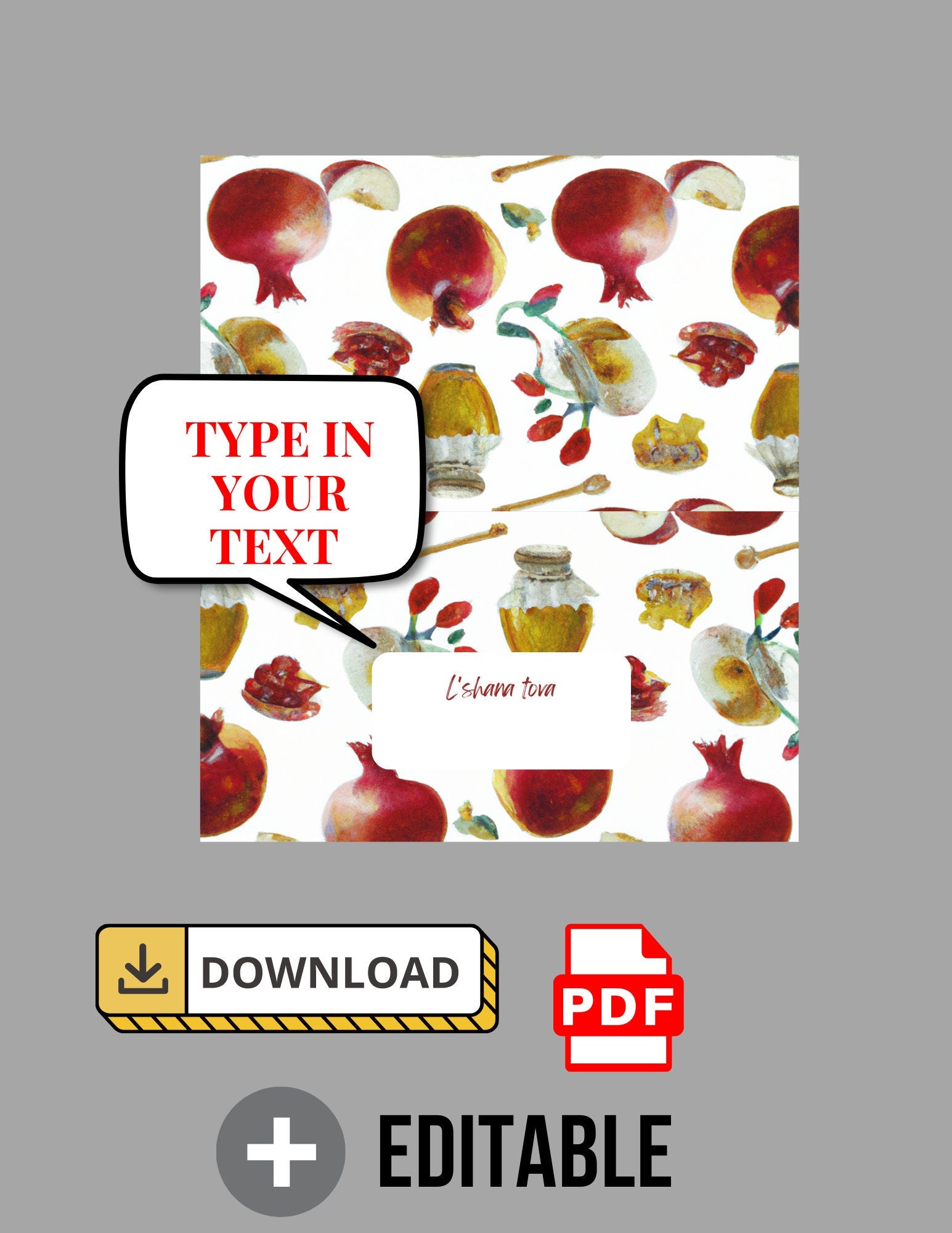 Rosh Hashanah Place Cards - Fillable PDF - Apples, Honey, Pomegranates - L'Shana Tova