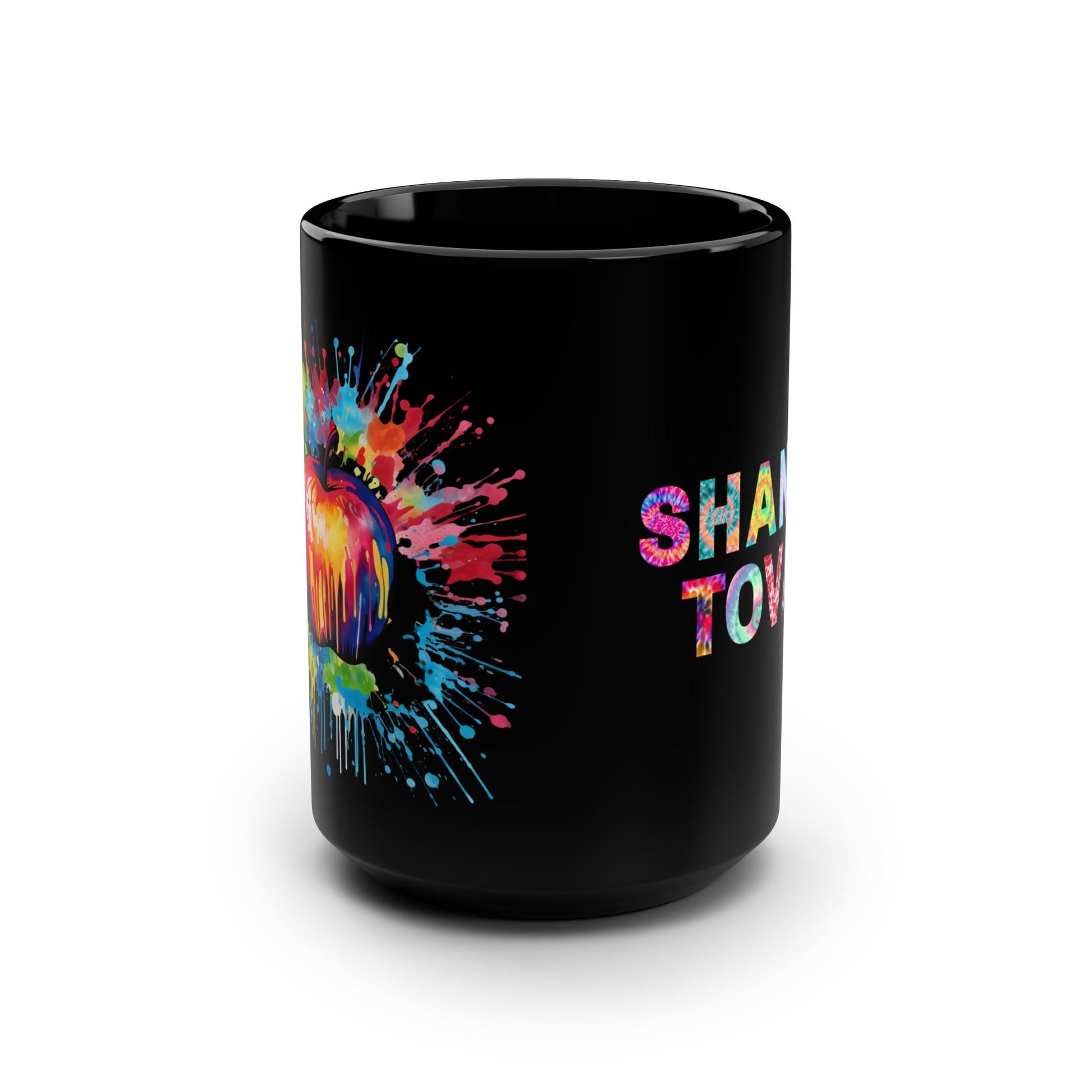 Rosh Hashanah Tie Dye Apple black Mug - Whimsical Design on 15oz Black Mug