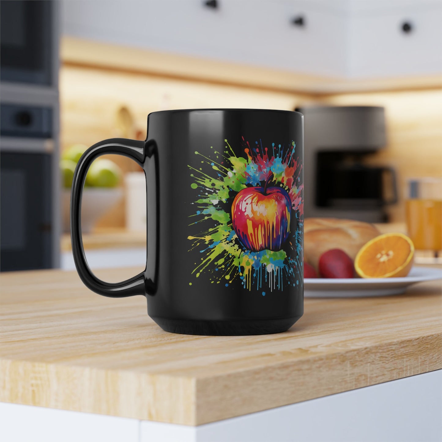 Rosh Hashanah Tie Dye Apple black Mug - Whimsical Design on 15oz Black Mug