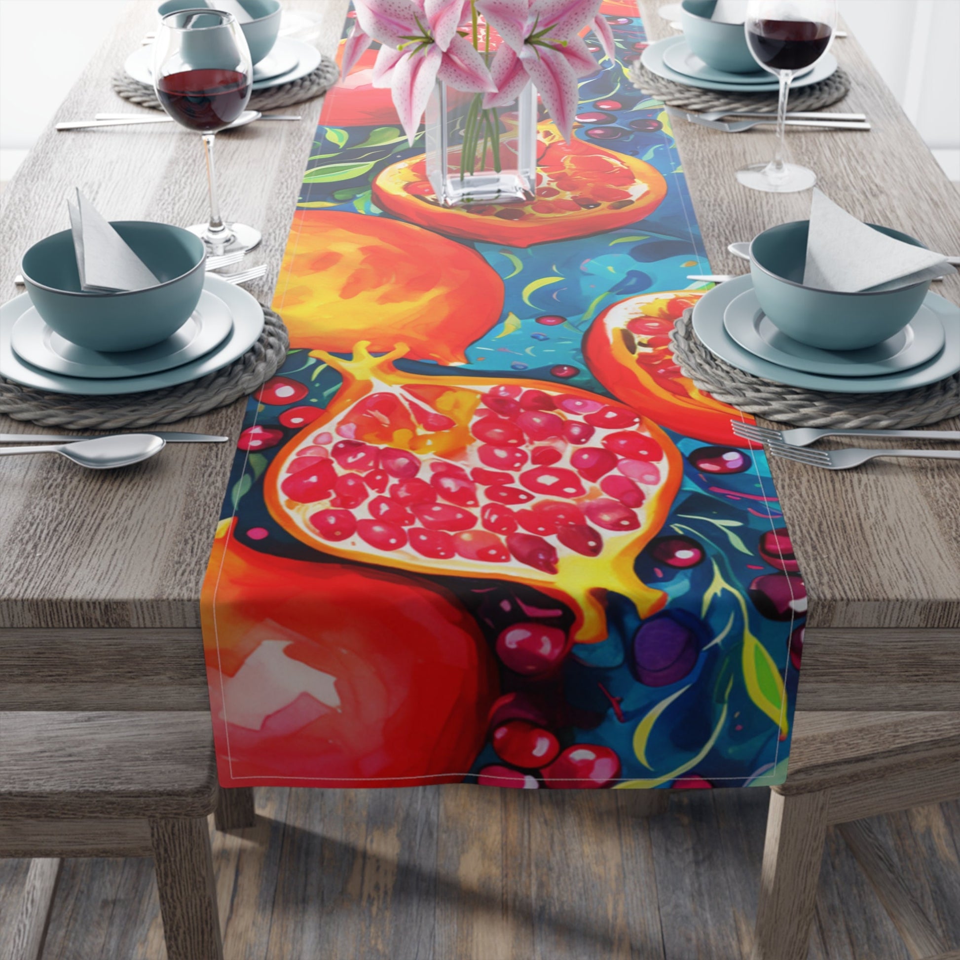 Pomegranates Watercolor Table Runner - High Holidays Judaica Decor - Vibrant and Artistic