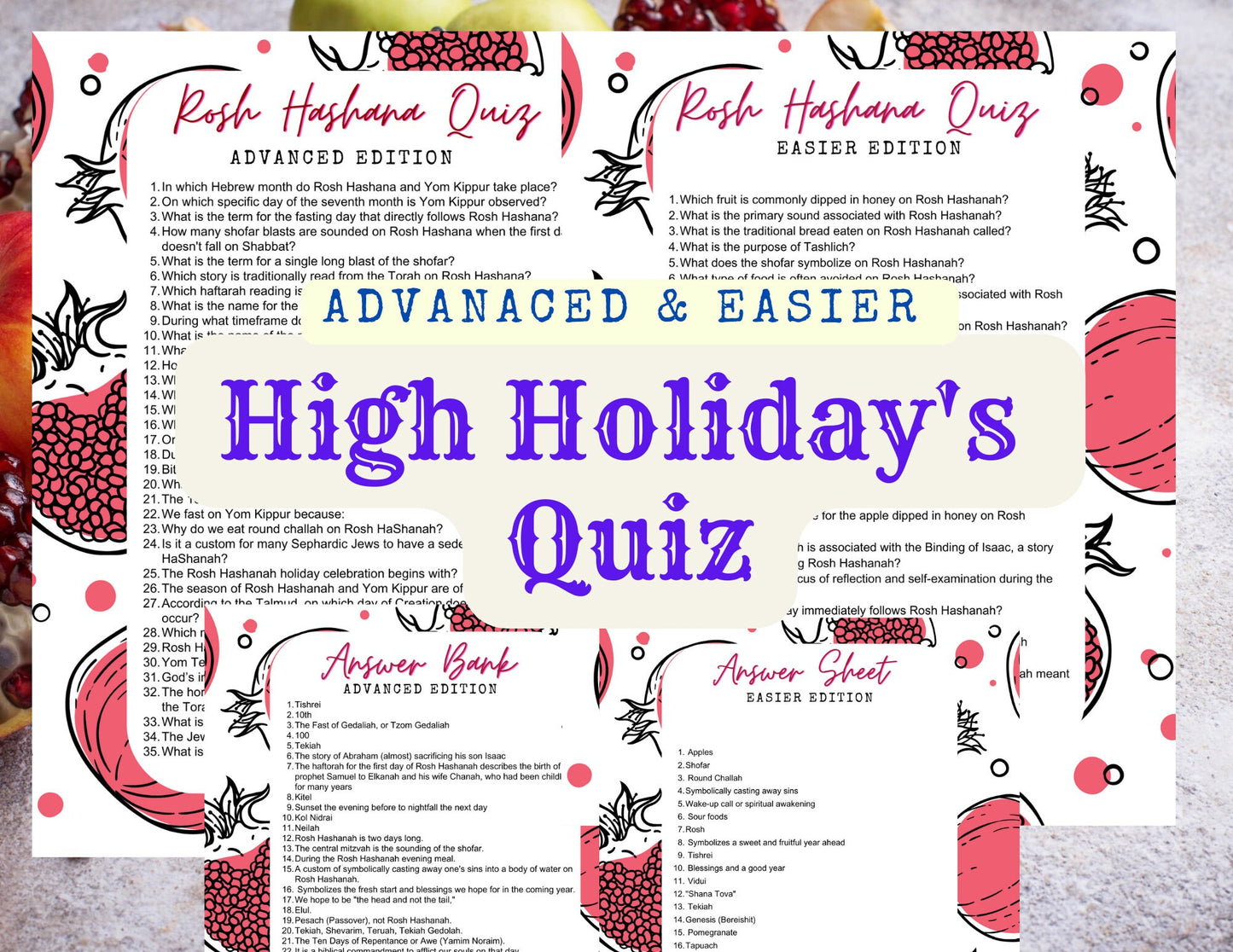 Rosh Hashanah and Yom Kippur Trivia Game - High Holidays Quiz - Easier and Advanced Editions