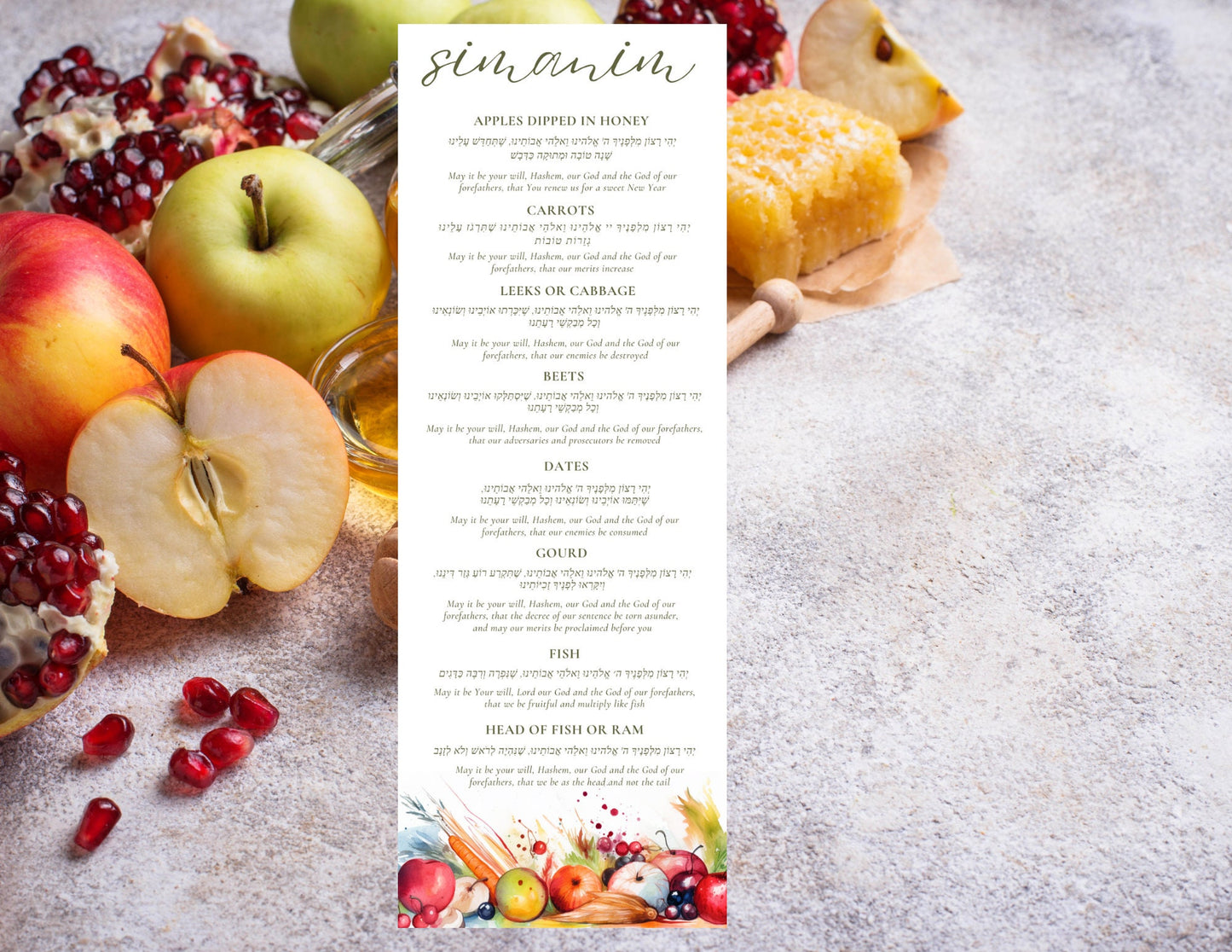 Digital Rosh Hashanah Simanim Menu - English & Hebrew Blessings - Rosh Hashanah Simanim Menu Cards - Watercolor Design