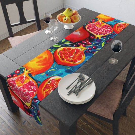 Pomegranates Watercolor Table Runner - High Holidays Judaica Decor - Vibrant and Artistic