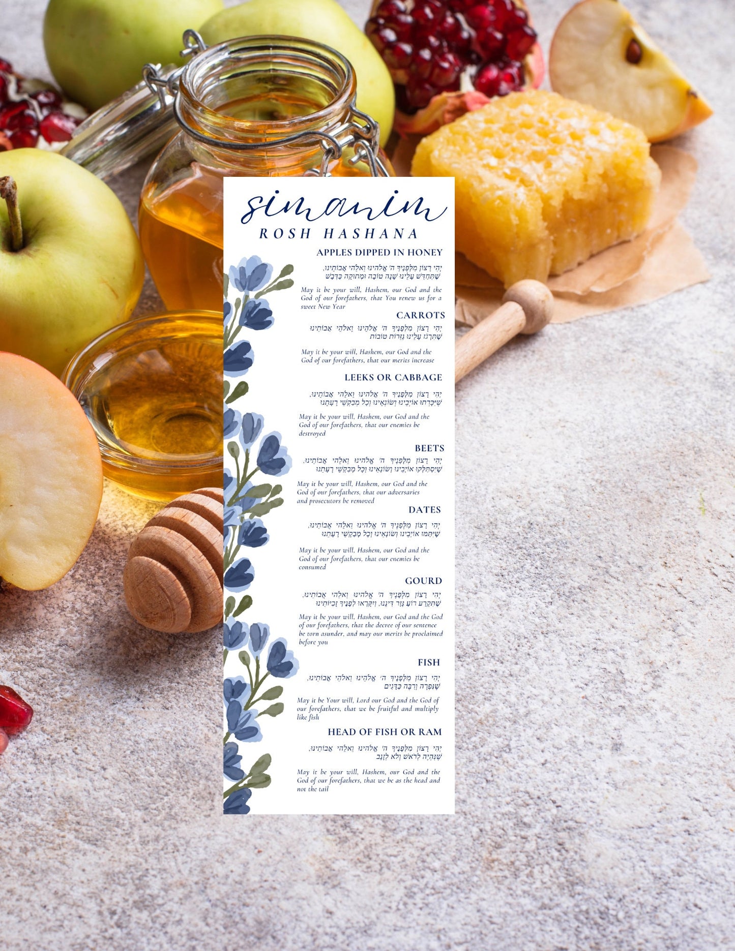 Rosh Hashanah Simanim Menu set of 12 - English & Hebrew high holidays - Rosh Hashanah Simanim Menu, High Holidays traditions