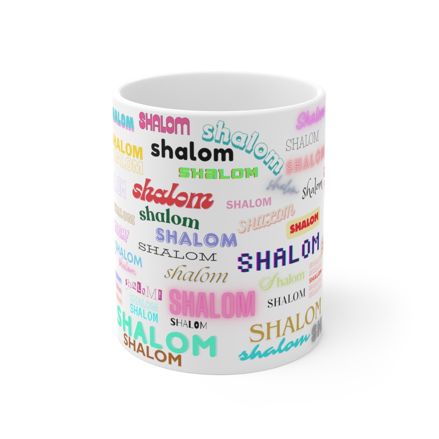 Shalom All Over Ceramic Mug, Jewish Pride and Judaica, Israel-Inspired Design