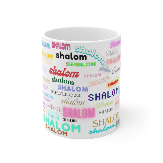 Shalom All Over Ceramic Mug, Jewish Pride and Judaica, Israel-Inspired Design