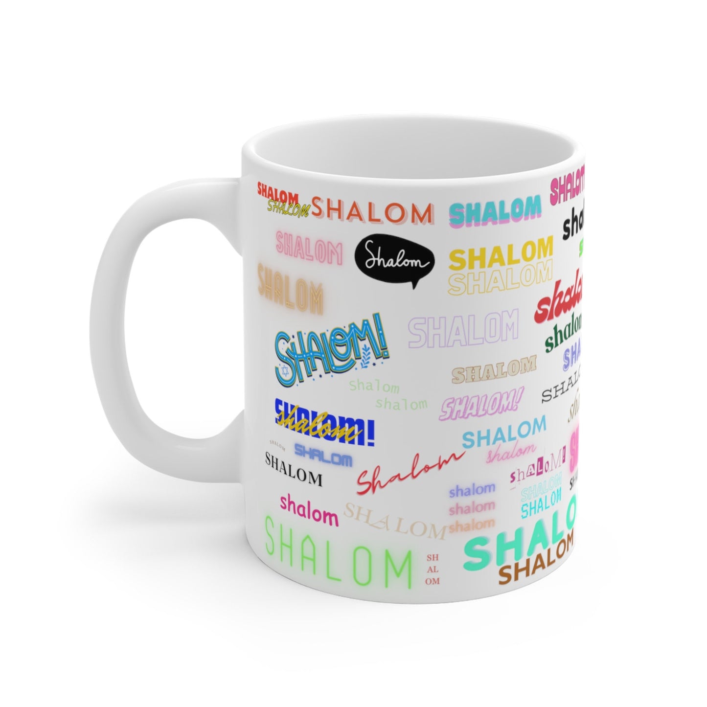 Shalom All Over Ceramic Mug, Jewish Pride and Judaica, Israel-Inspired Design