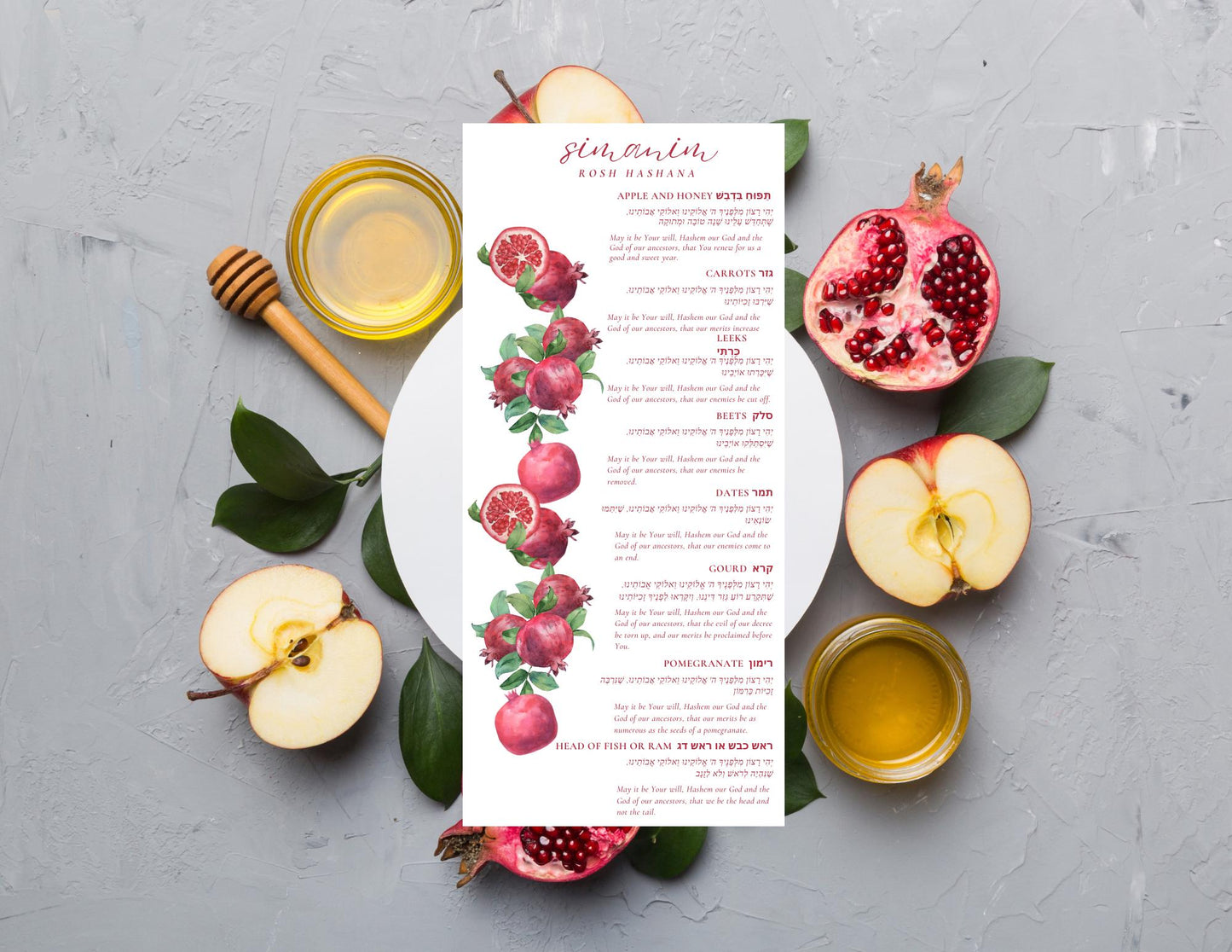 Rosh Hashanah Simanim Menu set of 12 - English & Hebrew high holidays - Simanim Menu, High Holidays Askanaz and Sephardic options