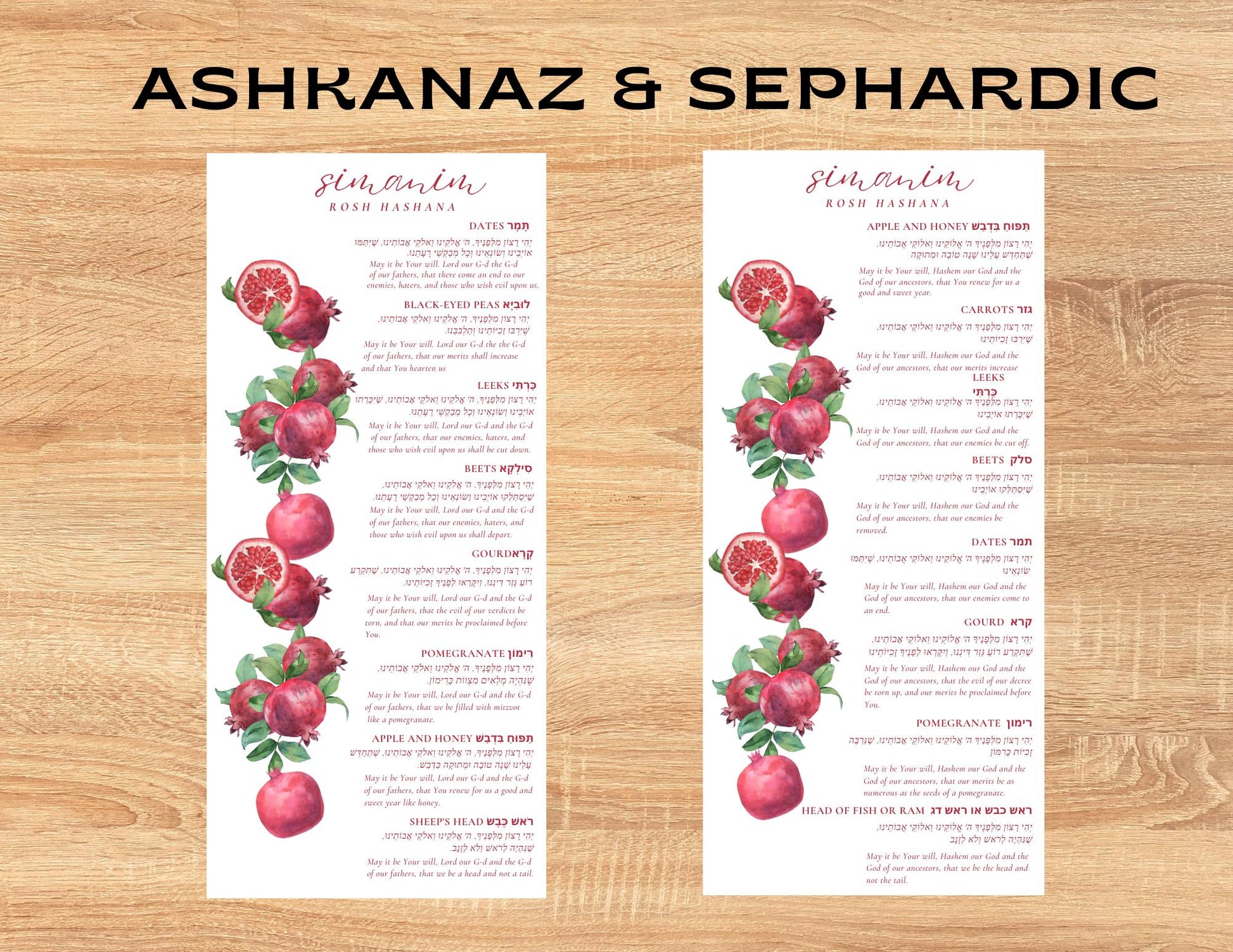 Rosh Hashanah Simanim Menu set of 12 - English & Hebrew high holidays - Simanim Menu, High Holidays Askanaz and Sephardic options