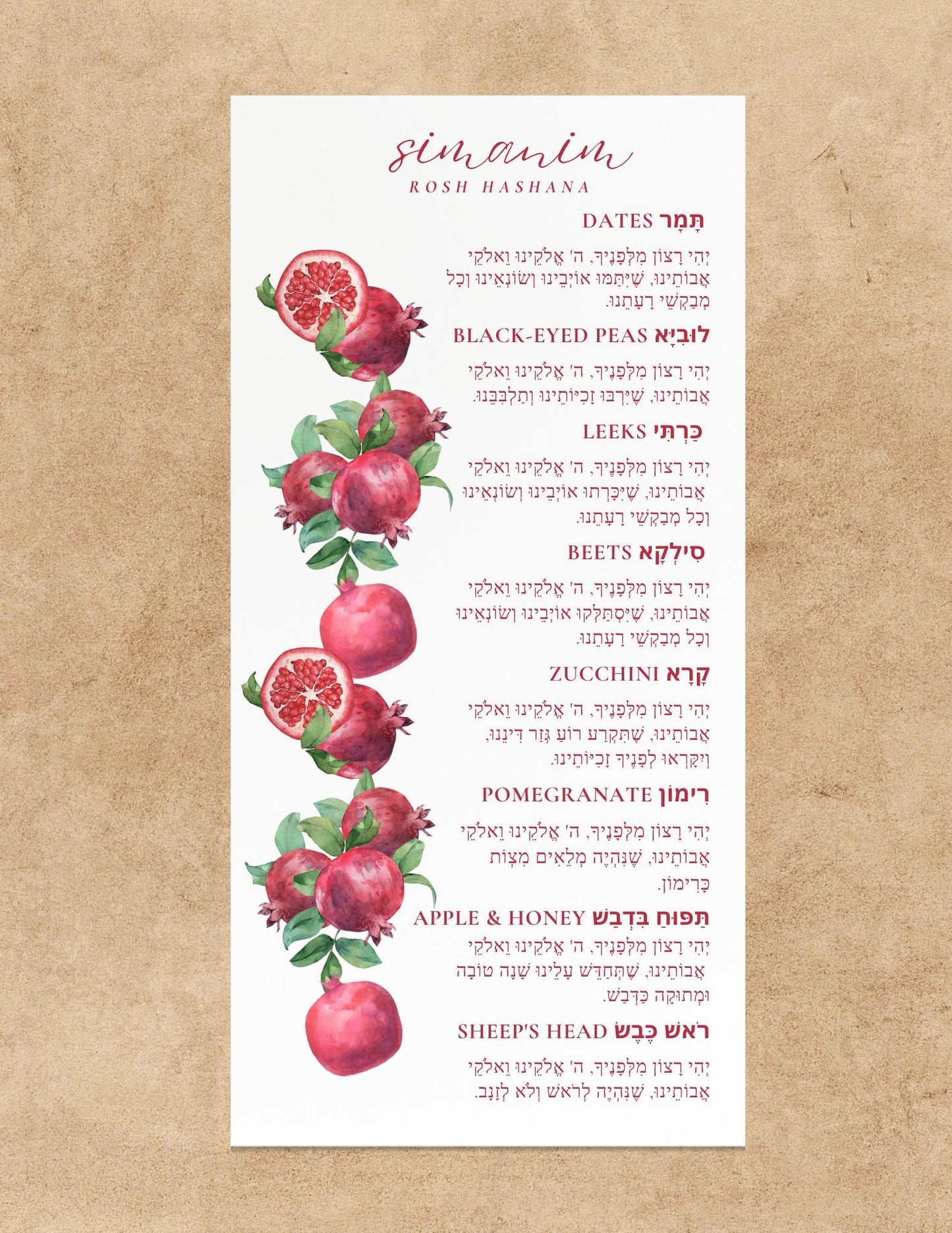 Sephardic Simanim Rosh Hashanah | Digital Printable Rosh Hashanah Simanim Menu - English & Hebrew