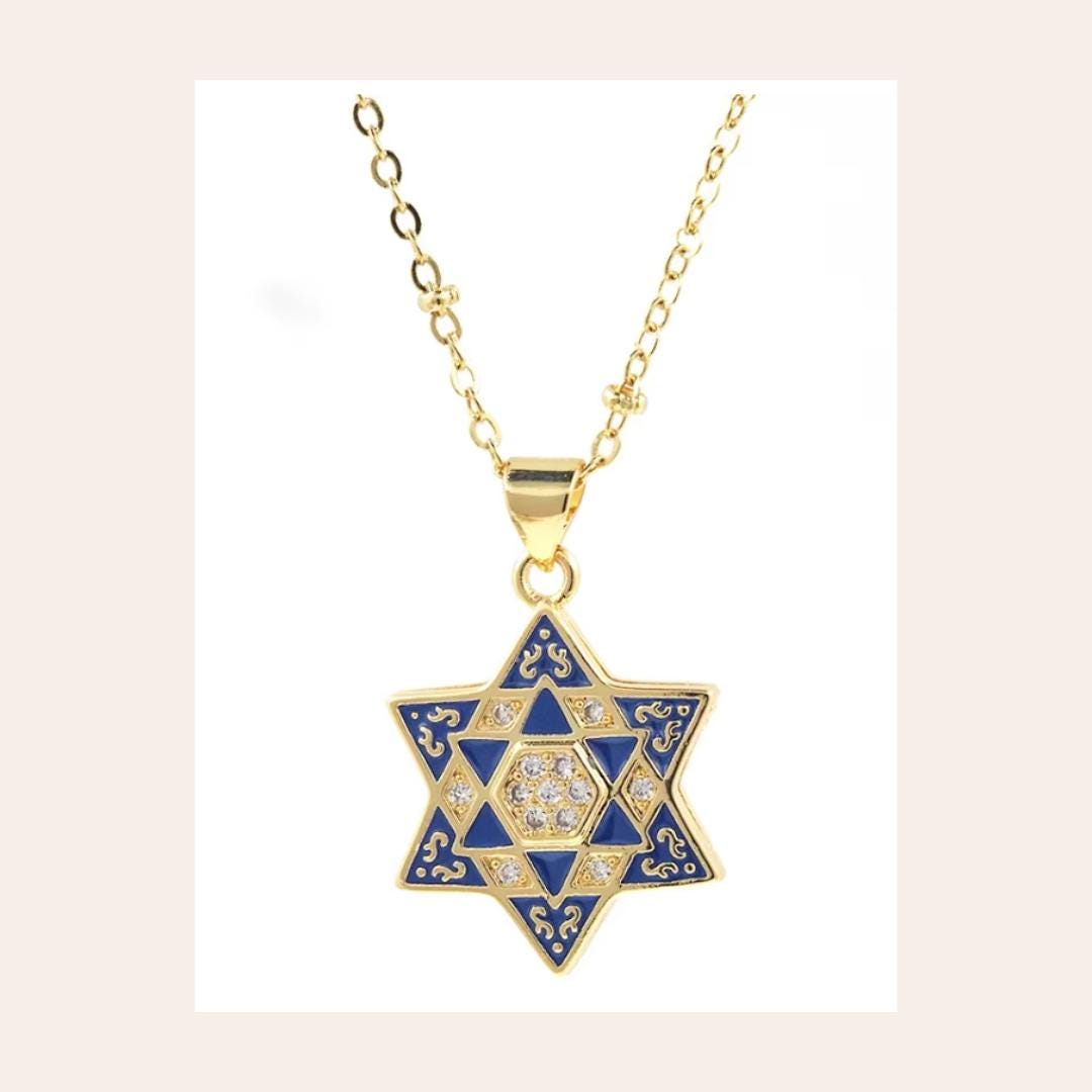 Blue and Gold Star of David Necklace
