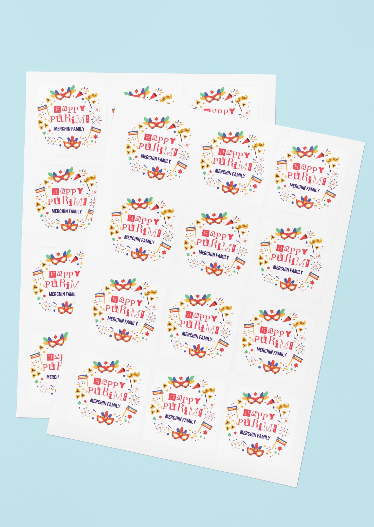 Purim Sticker Set, Customized with Your Name, Mishloach Manot, Purim Gifts, Celebrating Happy Purim, Purim Sticker set