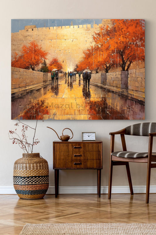 Jerusalem Rain Art Print – Old City Walking Scene – Jewish Wall Art – Judaica Gift – Poster, Canvas, or Framed Israel Painting