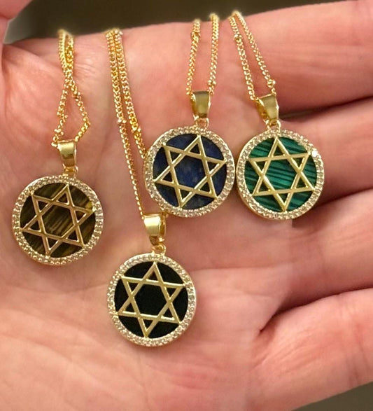 Colorful Star of David Necklace – Blue, Black, Green & Rustic Enamel Pendan