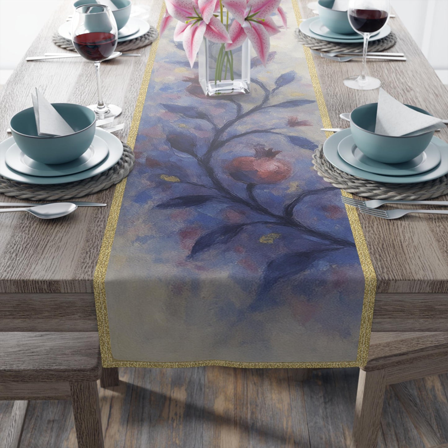 Elegant Pomegranate Rosh Hashanah Table Runner – Jewish New Year Table Decor
