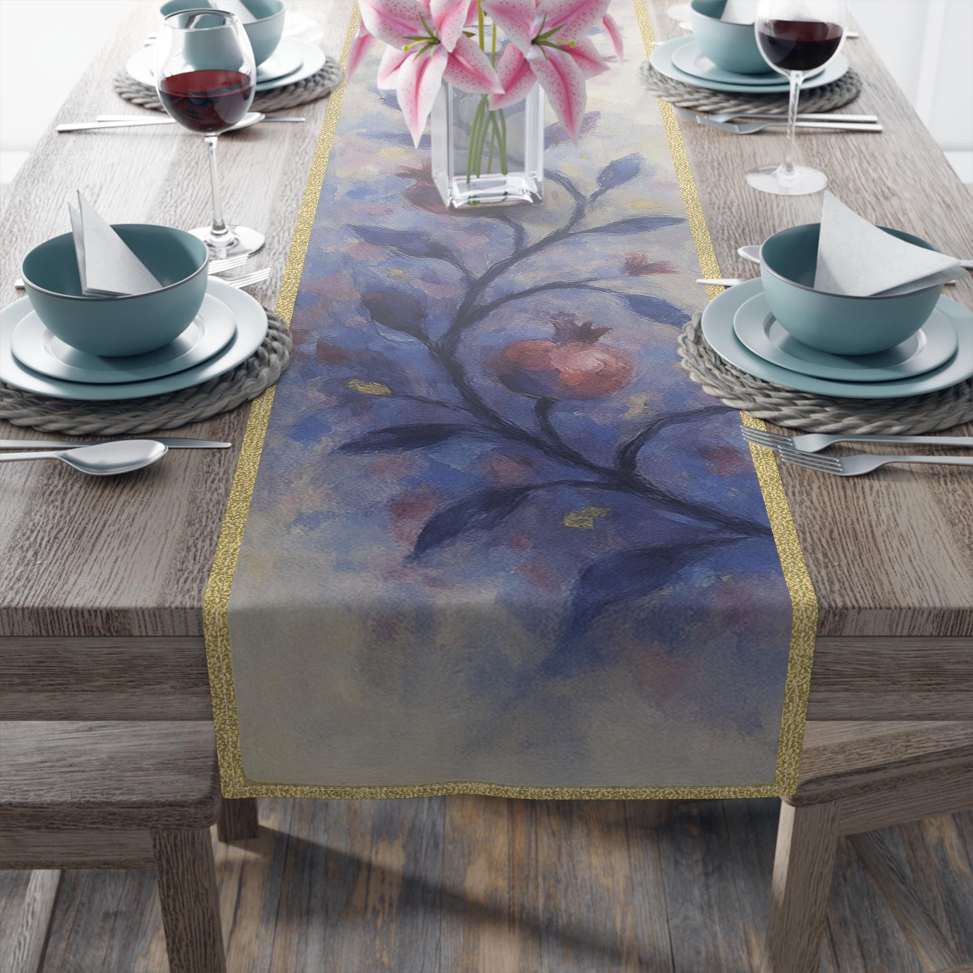 Elegant Pomegranate Rosh Hashanah Table Runner – Jewish New Year Table Decor