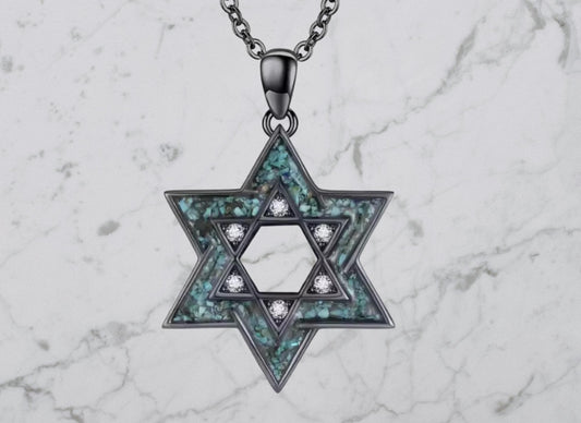 Star of David Necklace with Turquoise – Sterling Silver & Black Chain