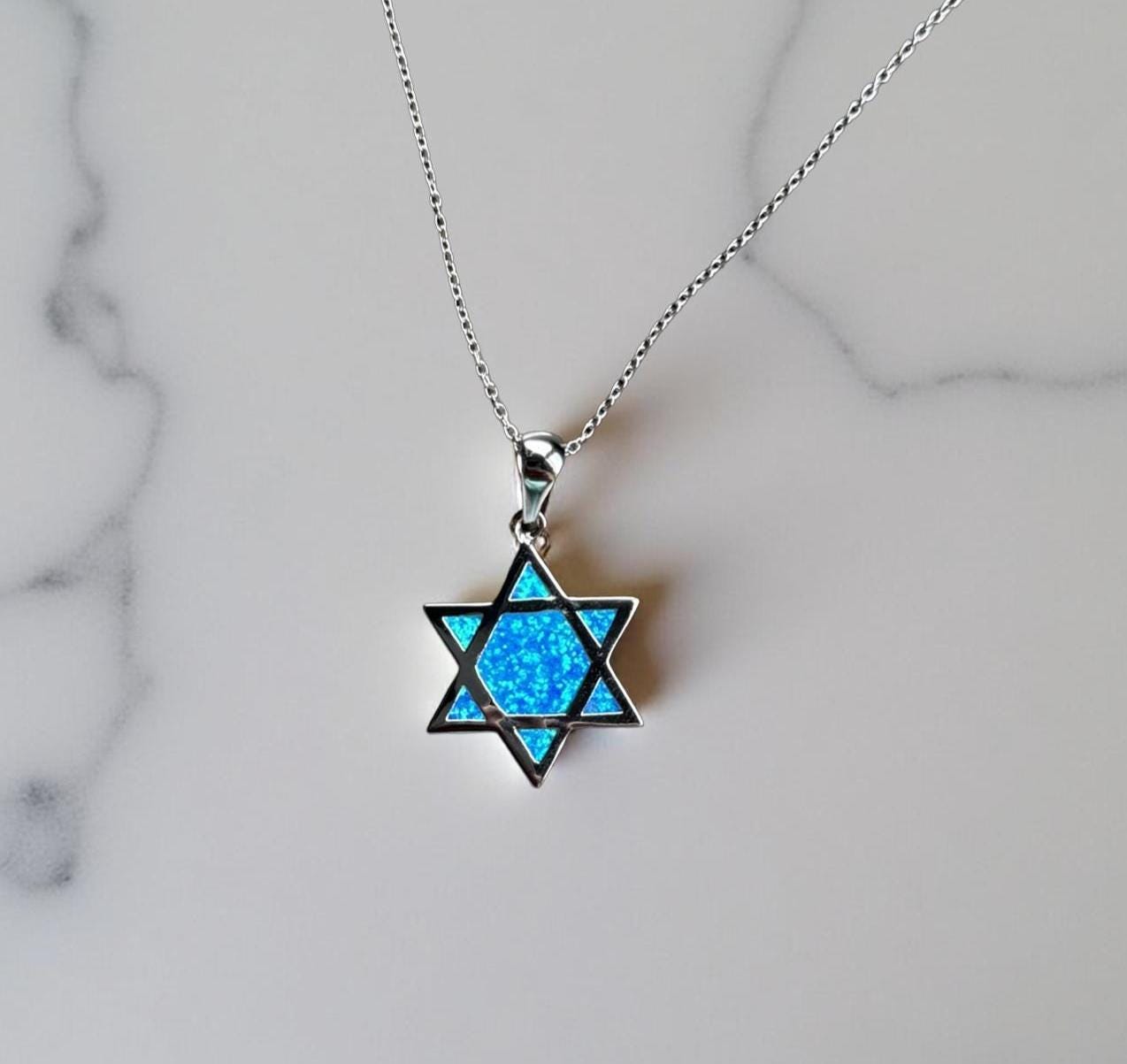 Blue Opal Star of David Necklace – Sterling Silver Jewish Necklace – Bat Mitzvah Gift – Judaica Jewelry for Women – Israel Jewelry