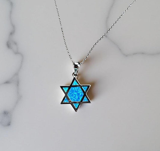 Blue Opal Star of David Necklace – Sterling Silver Jewish Necklace – Bat Mitzvah Gift – Judaica Jewelry for Women – Israel Jewelry