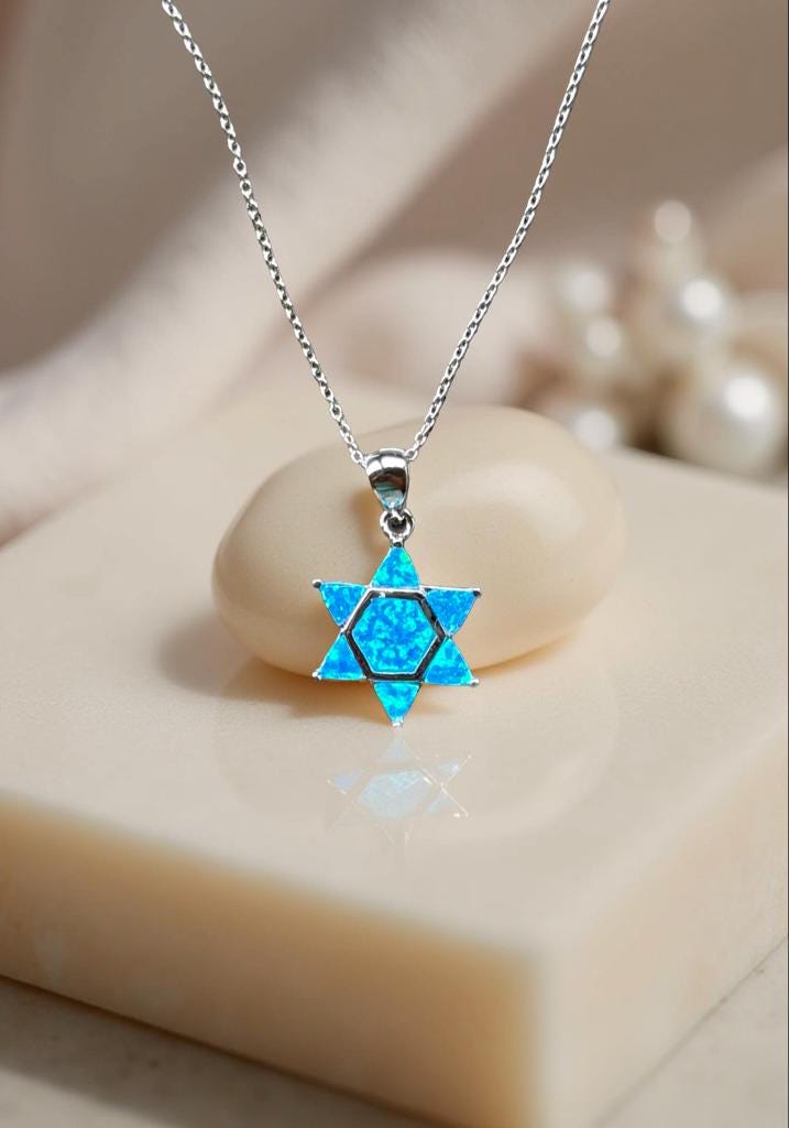 Blue Opal Star of David Necklace – Sterling Silver Jewish Jewelry Gift – Modern Bat Mitzvah or Hanukkah Judaica Pendant