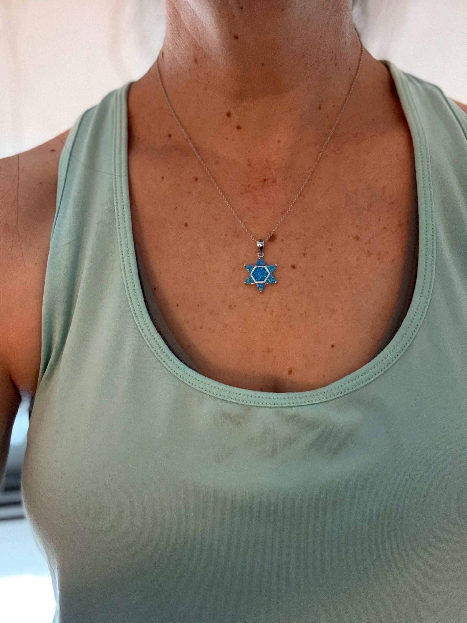 Blue Opal Star of David Necklace – Sterling Silver Jewish Jewelry Gift – Modern Bat Mitzvah or Hanukkah Judaica Pendant