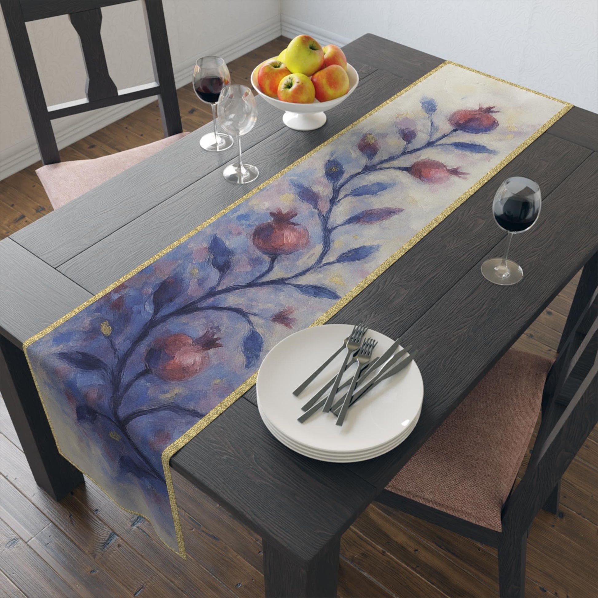 Elegant Pomegranate Rosh Hashanah Table Runner – Jewish New Year Table Decor