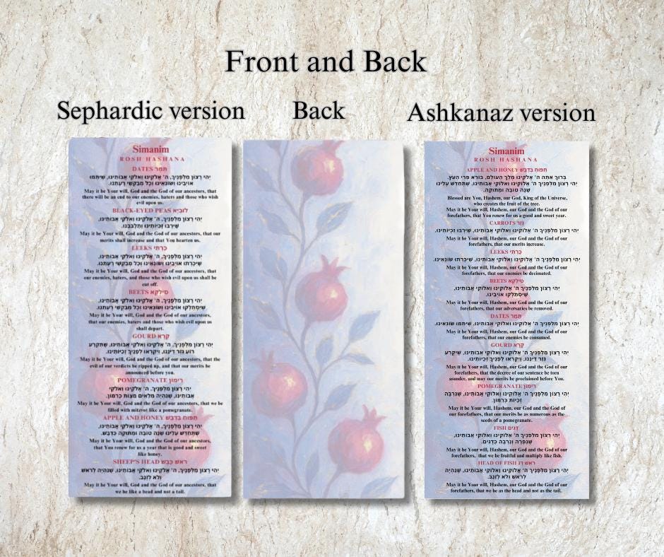 Rosh Hashanah Simanim Cards Set of 12 – Hebrew English Blessings – Laminated Menu – Ashkenazi Sephardic – Jewish Holiday Decor