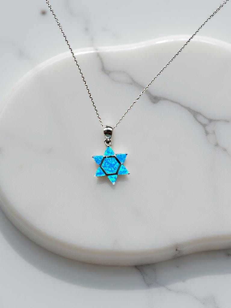 Blue Opal Star of David Necklace – Sterling Silver Jewish Jewelry Gift – Modern Bat Mitzvah or Hanukkah Judaica Pendant