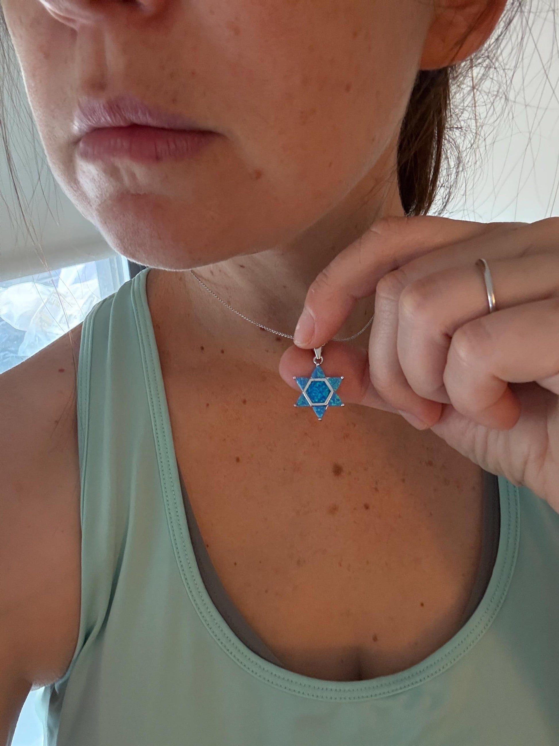 Blue Opal Star of David Necklace – Sterling Silver Jewish Jewelry Gift – Modern Bat Mitzvah or Hanukkah Judaica Pendant