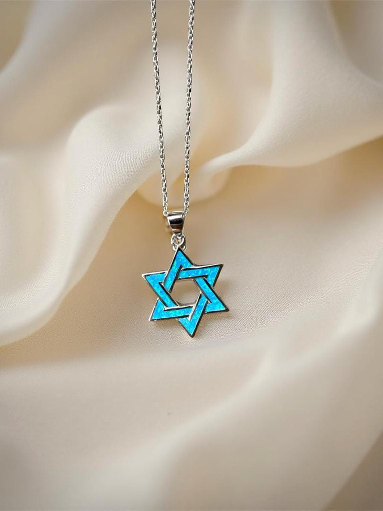Blue and Silver Star of David Necklace