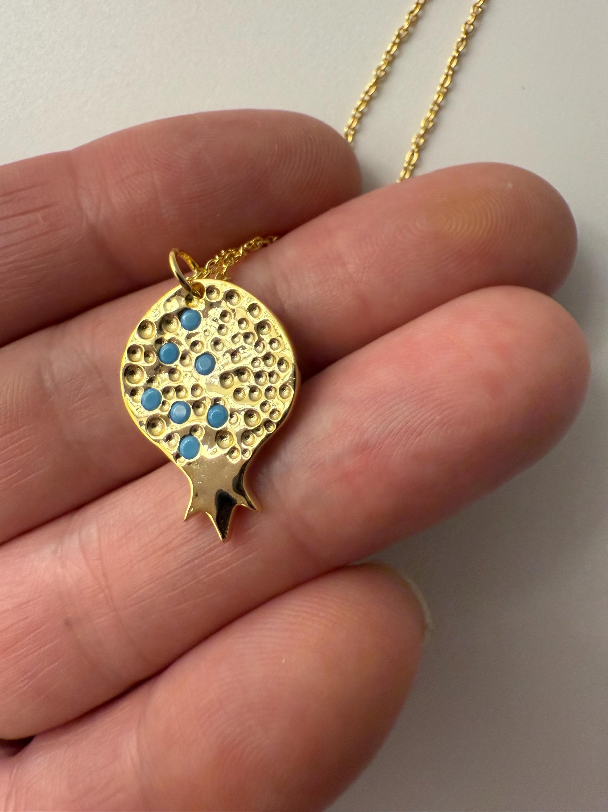 Gold Pomegranate Charm Necklace – Red or Green Opal Stones – Sterling Silver Base – Judaica, Valentines or Mother’s Day Gift