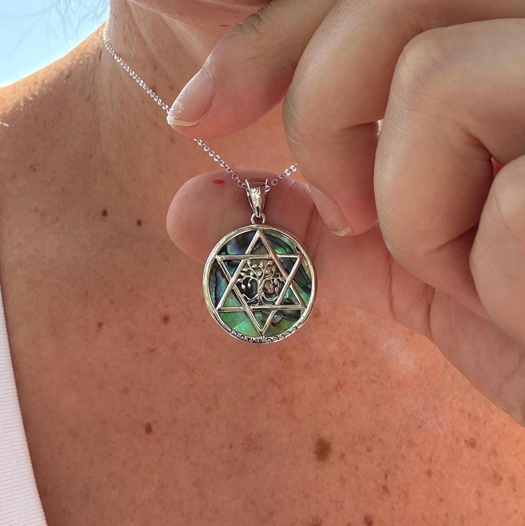 Sterling Silver Abalone Star of David Necklace with Tree of Life & Hebrew Priestly Blessing | Judaica Chai Necklace Gift for Her