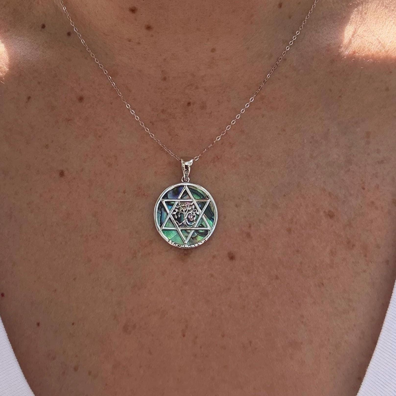 Sterling Silver Abalone Star of David Necklace with Tree of Life & Hebrew Priestly Blessing | Judaica Chai Necklace Gift for Her