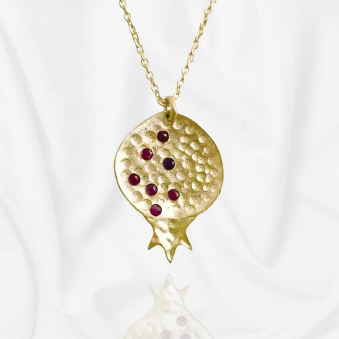 Gold Pomegranate Charm Necklace – Red or Green Opal Stones – Sterling Silver Base – Judaica, Valentines or Mother’s Day Gift