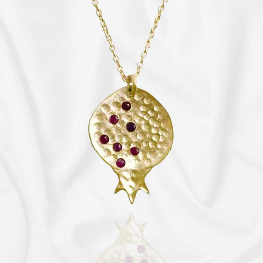 Gold Pomegranate Charm Necklace – Red or Green Opal Stones – Sterling Silver Base – Judaica, Valentines or Mother’s Day Gift