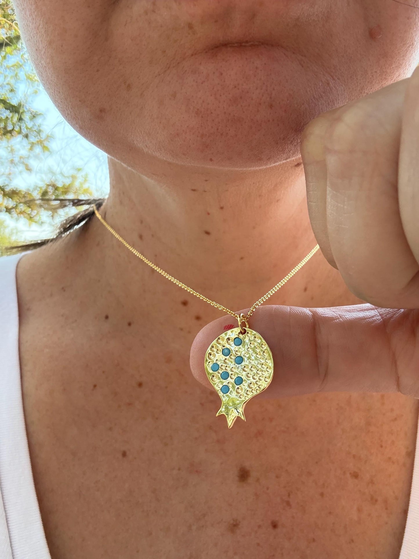 Gold Pomegranate Charm Necklace – Red or Green Opal Stones – Sterling Silver Base – Judaica, Valentines or Mother’s Day Gift