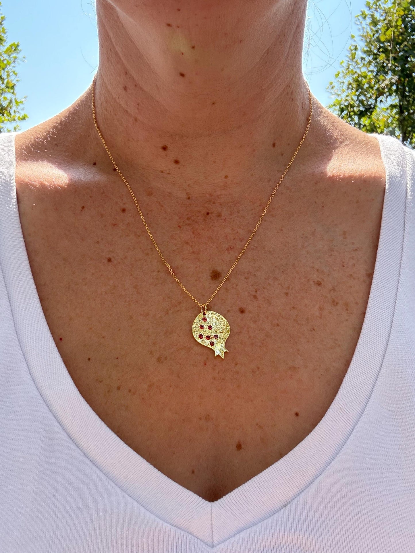 Gold Pomegranate Charm Necklace – Red or Green Opal Stones – Sterling Silver Base – Judaica, Valentines or Mother’s Day Gift