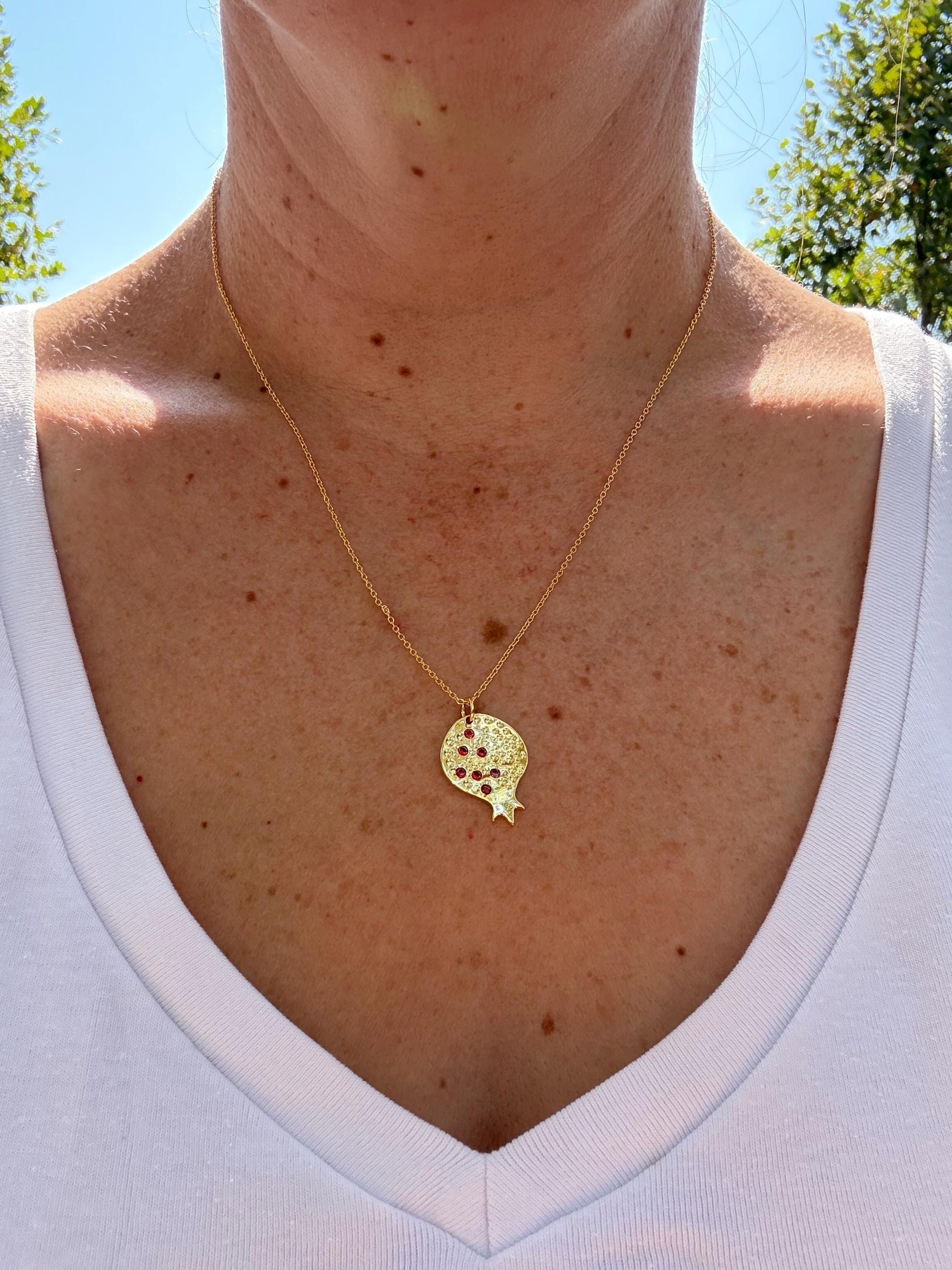 Gold Pomegranate Charm Necklace – Red or Green Opal Stones – Sterling Silver Base – Judaica, Valentines or Mother’s Day Gift