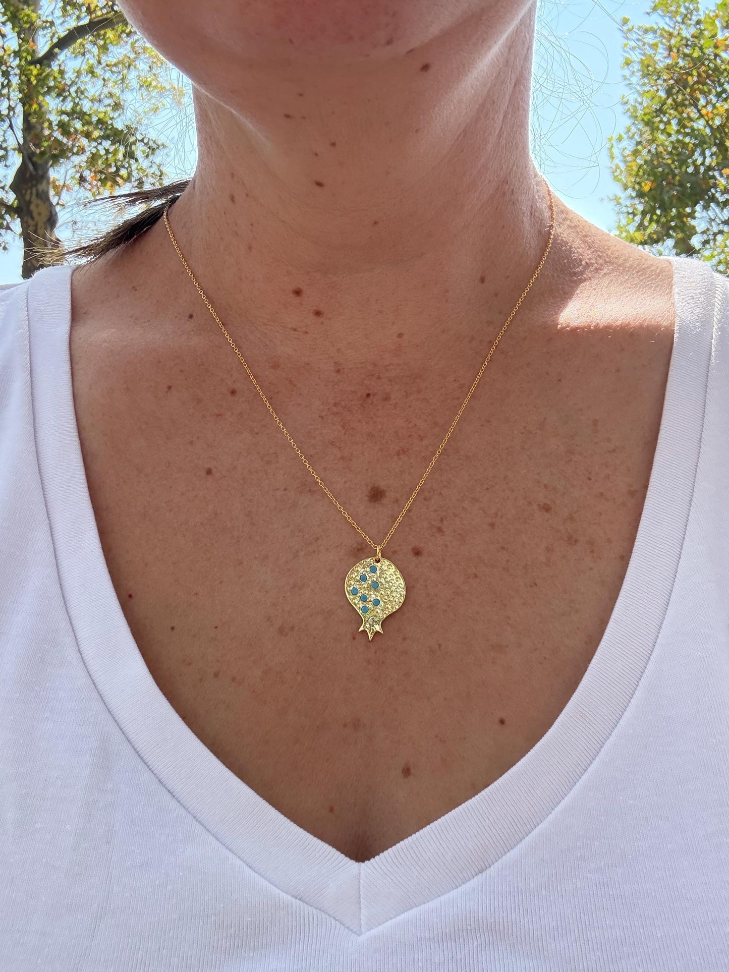 Gold Pomegranate Charm Necklace – Red or Green Opal Stones – Sterling Silver Base – Judaica, Valentines or Mother’s Day Gift