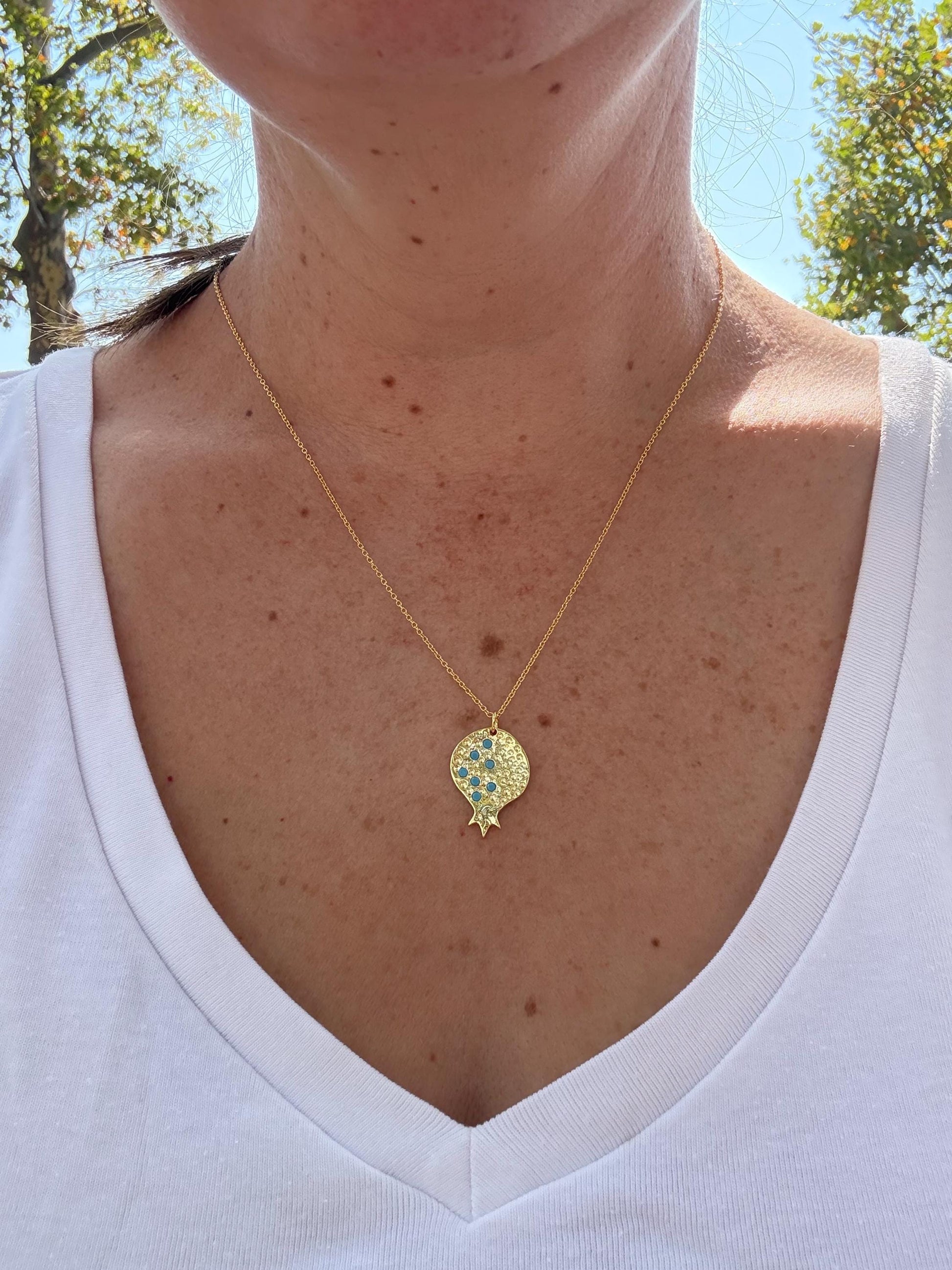 Gold Pomegranate Charm Necklace – Red or Green Opal Stones – Sterling Silver Base – Judaica, Valentines or Mother’s Day Gift