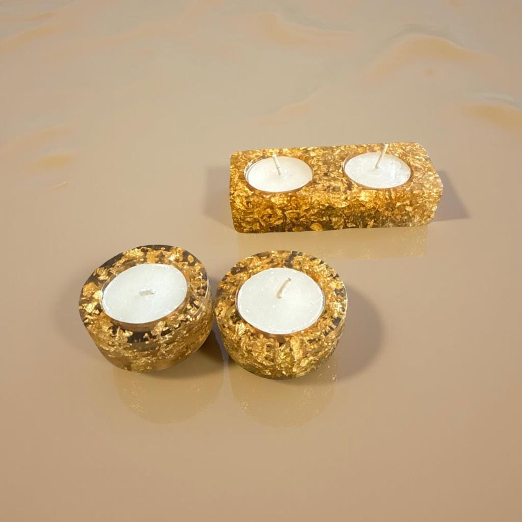 Handmade Gold Flake Resin Tea Light Holders for Shabbat Candles