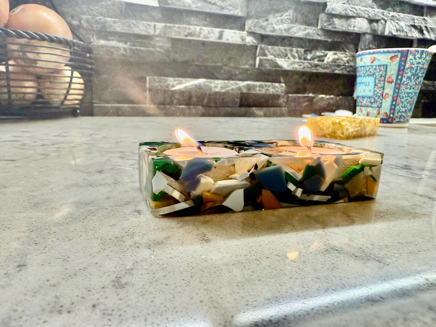 Handmade Resin Candle Holders – Tea Light Holders with Shells – Judaica, Shabbat & Holiday Home Décor