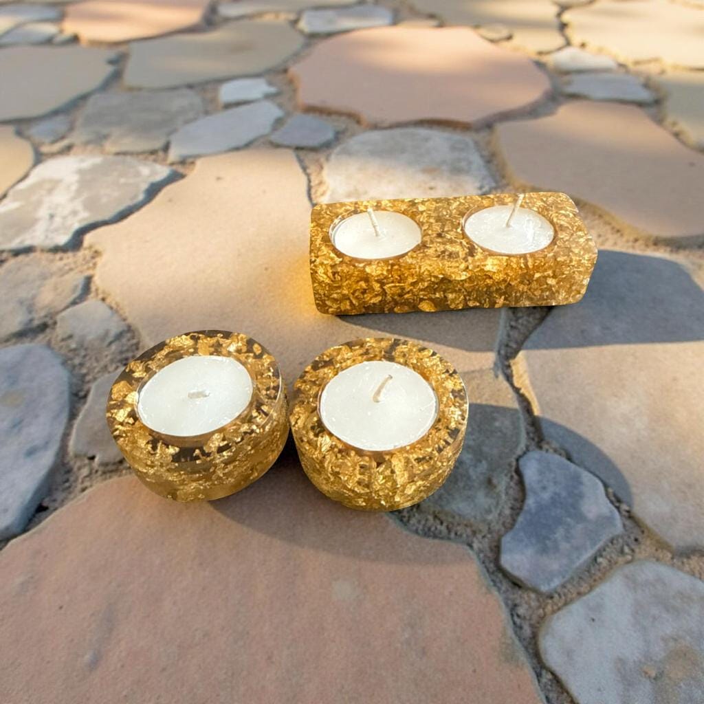 Gold Flake Resin Tea Light Holders – Set of Singles or Double | Jewish Holiday & Home Décor