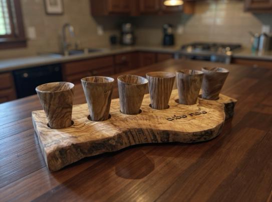 Olive Wood Shabbat Kiddush Cup Set Shabbat Shalom Hebrew Engraved Wooden Wine Cup Holder Judaica Wedding or Shabbat Gift Handmade Israel