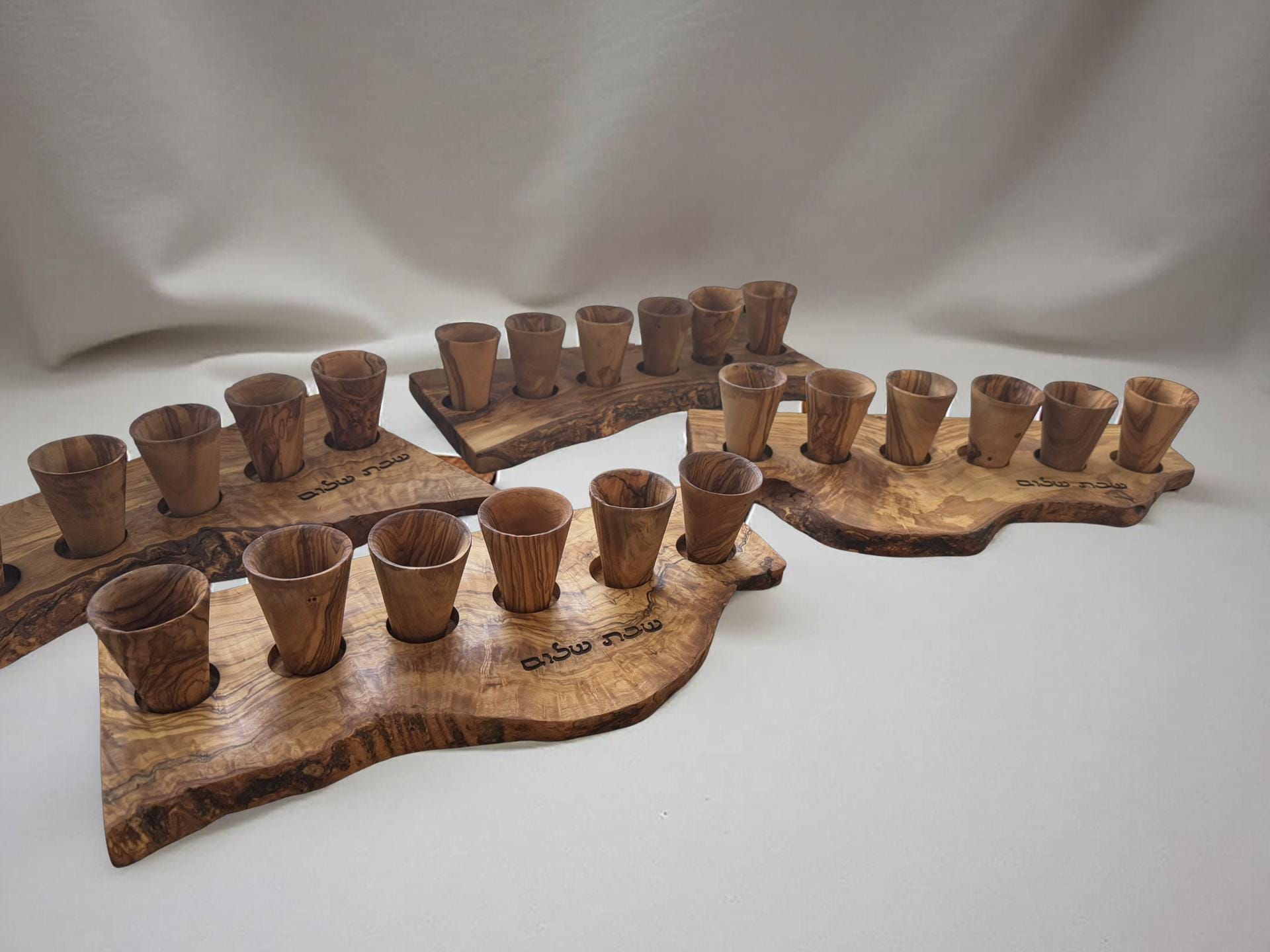 Olive Wood Shabbat Kiddush Cup Set Shabbat Shalom Hebrew Engraved Wooden Wine Cup Holder Judaica Wedding or Shabbat Gift Handmade Israel